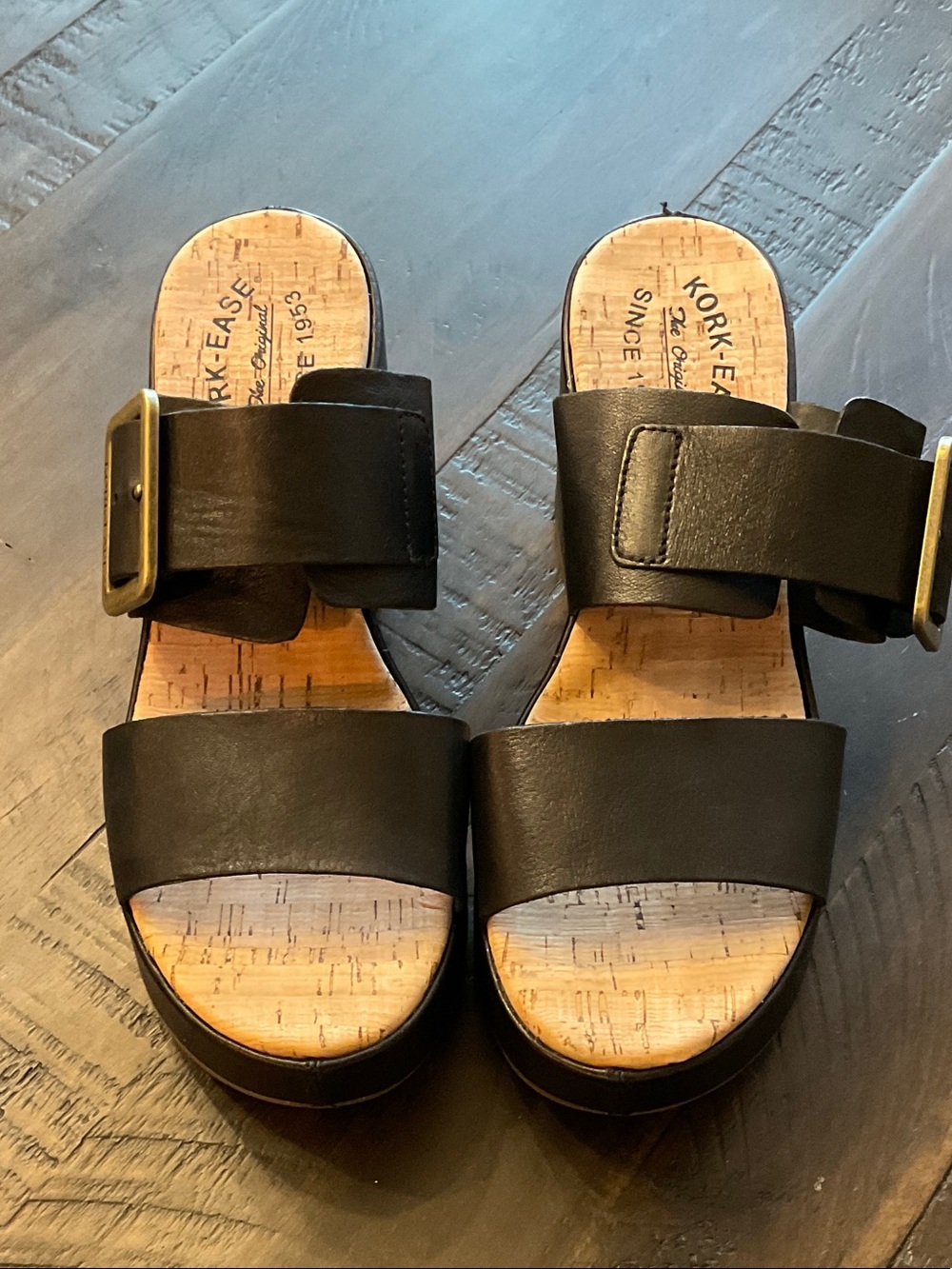 Kork-Ease Women’s Black Leather Cork Slide Sandals with Brass Buckles